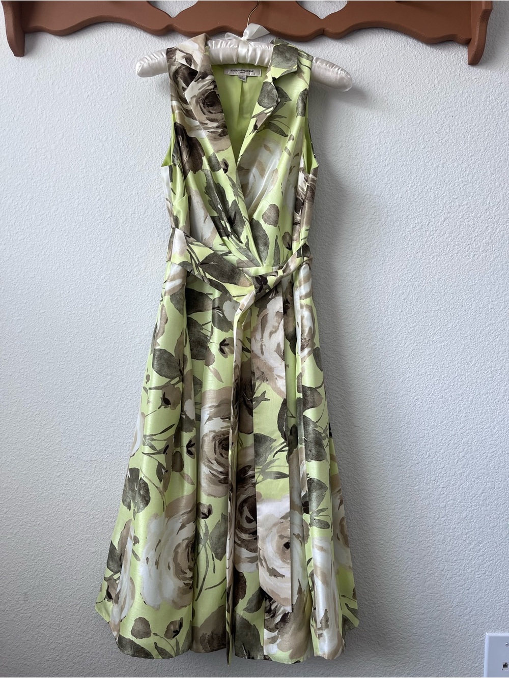 Evan Picone Lime Green Floral Wrap Midi Dress